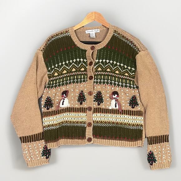 Samantha Taylor Cardigan Sweater Sz L Cottagecore Snowman Winter Holiday VTG - Picture 1 of 9